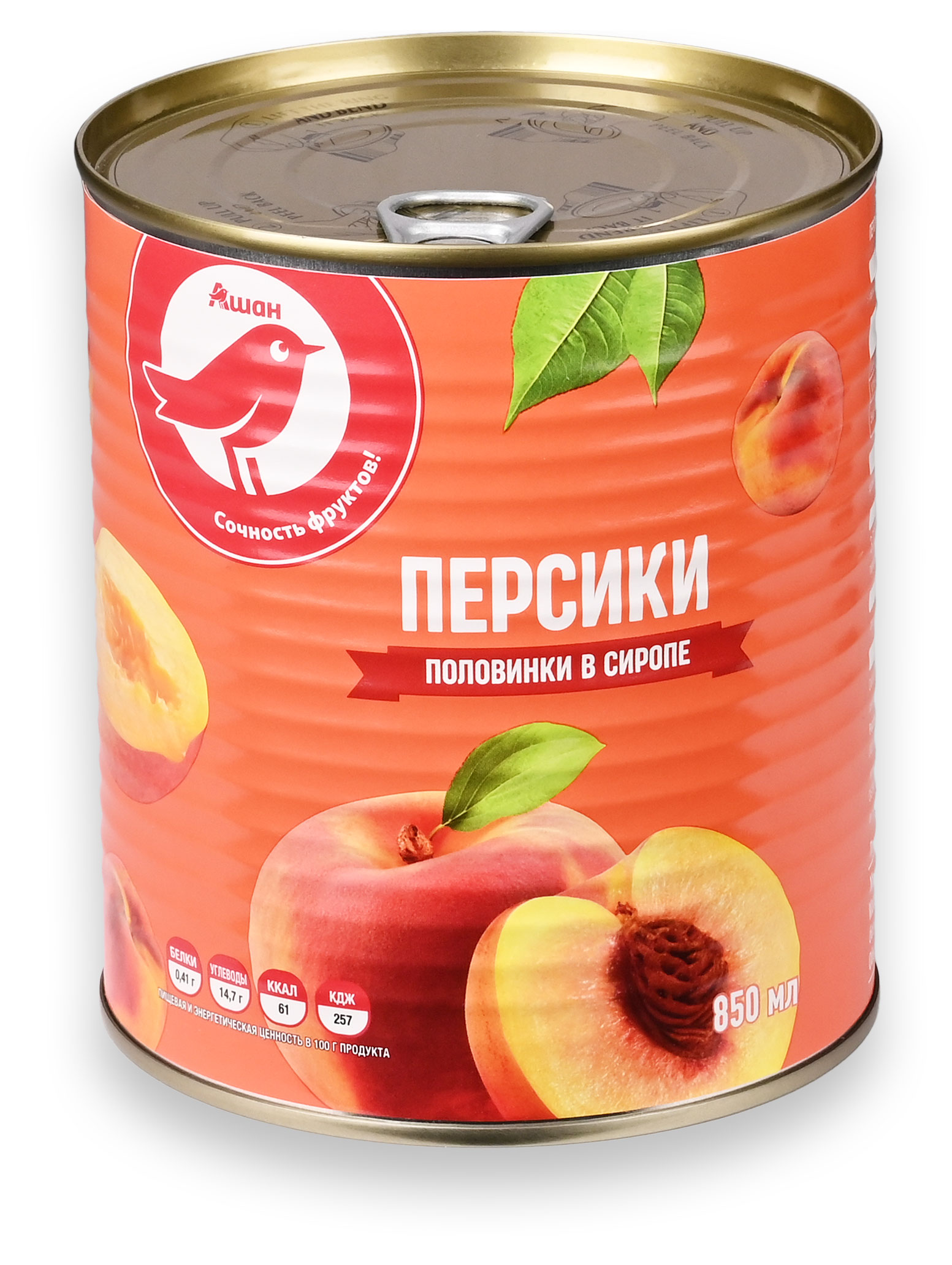 Персики АШАН Красная птица половинки в сиропе, 850 мл