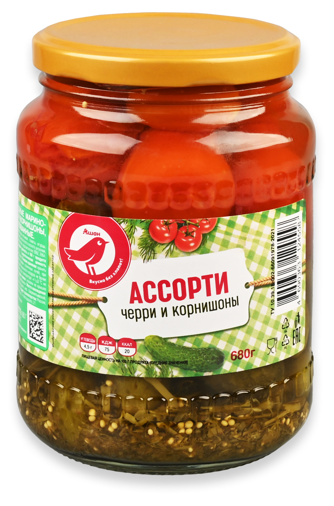 Ассорти овощное АШАН Красная птица черри и корнишоны, 680 г