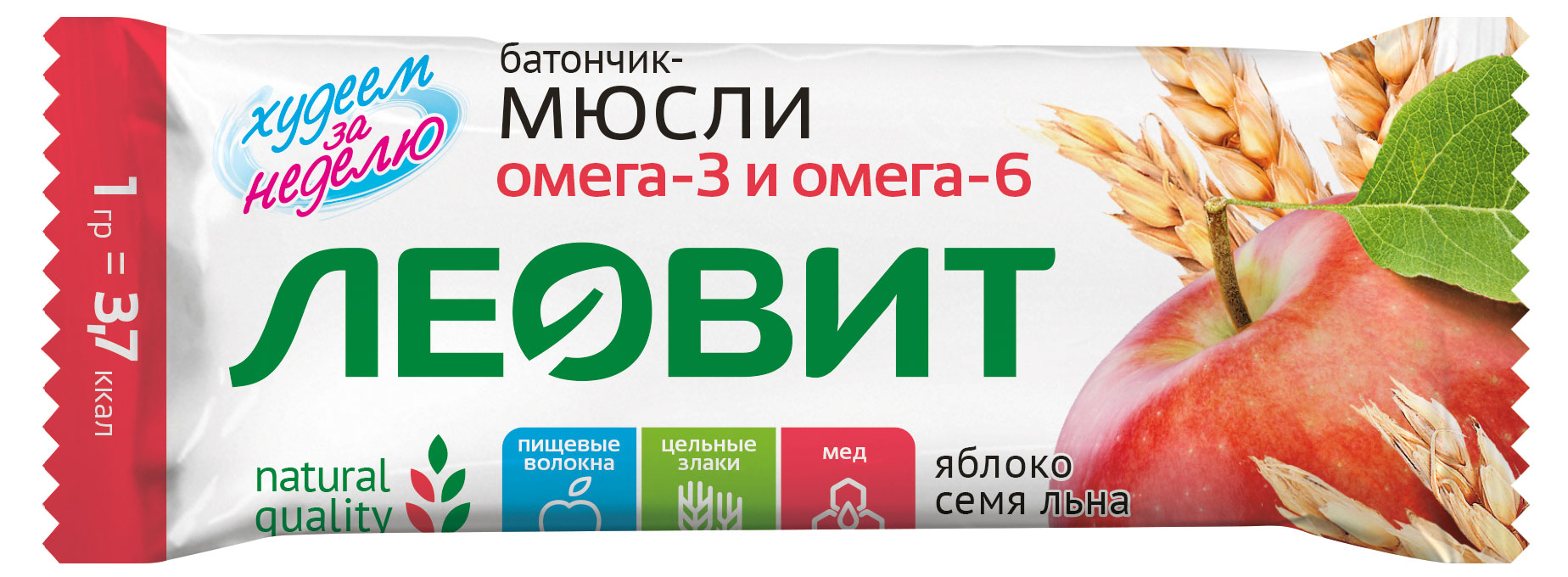 Батончик мюсли ЛЕОВИТ с яблоком и семя льна, 30 г