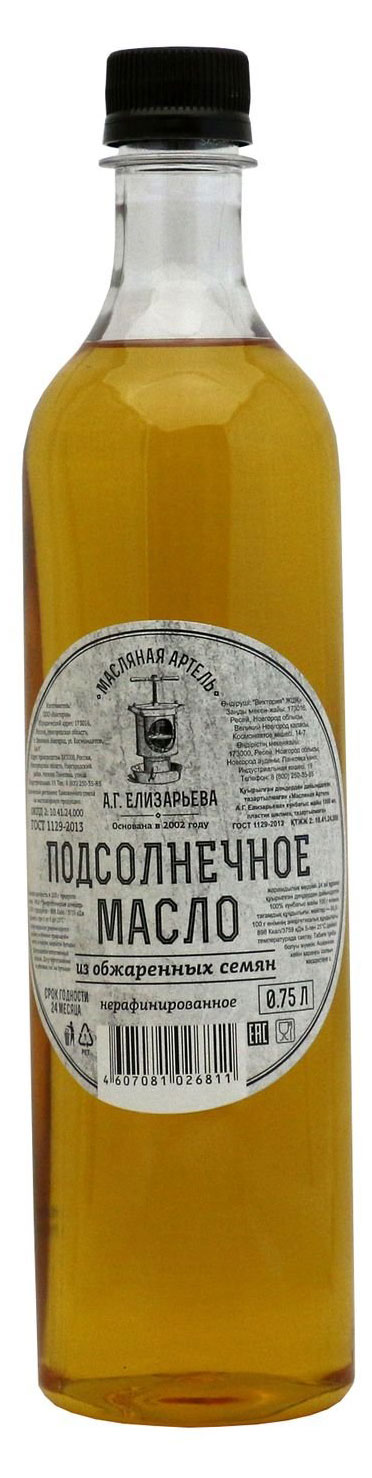 Масло подсолнечное Масляная Артель А.Г.Елизарьева из жареных семян, 750 мл