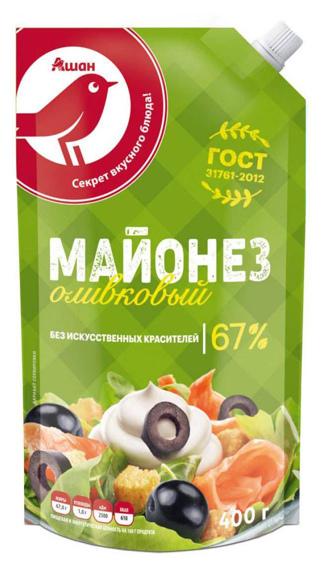 Майонез АШАН Красная птица Оливковый 67% охлажденный, 400 мл