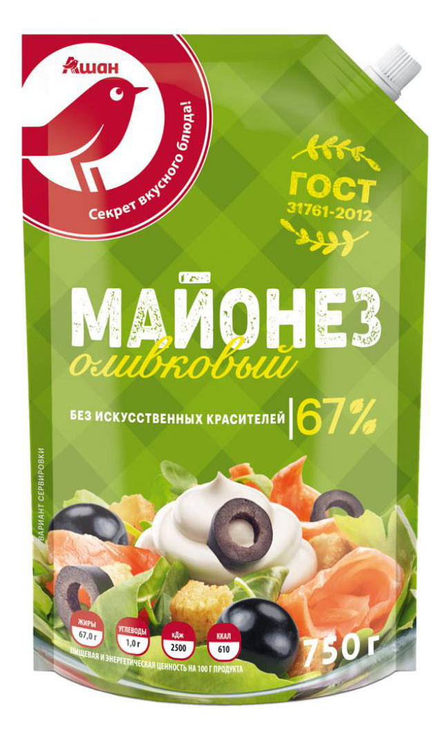 Майонез АШАН Красная птица Оливковый ГОСТ 67% охлажденный, 750 мл