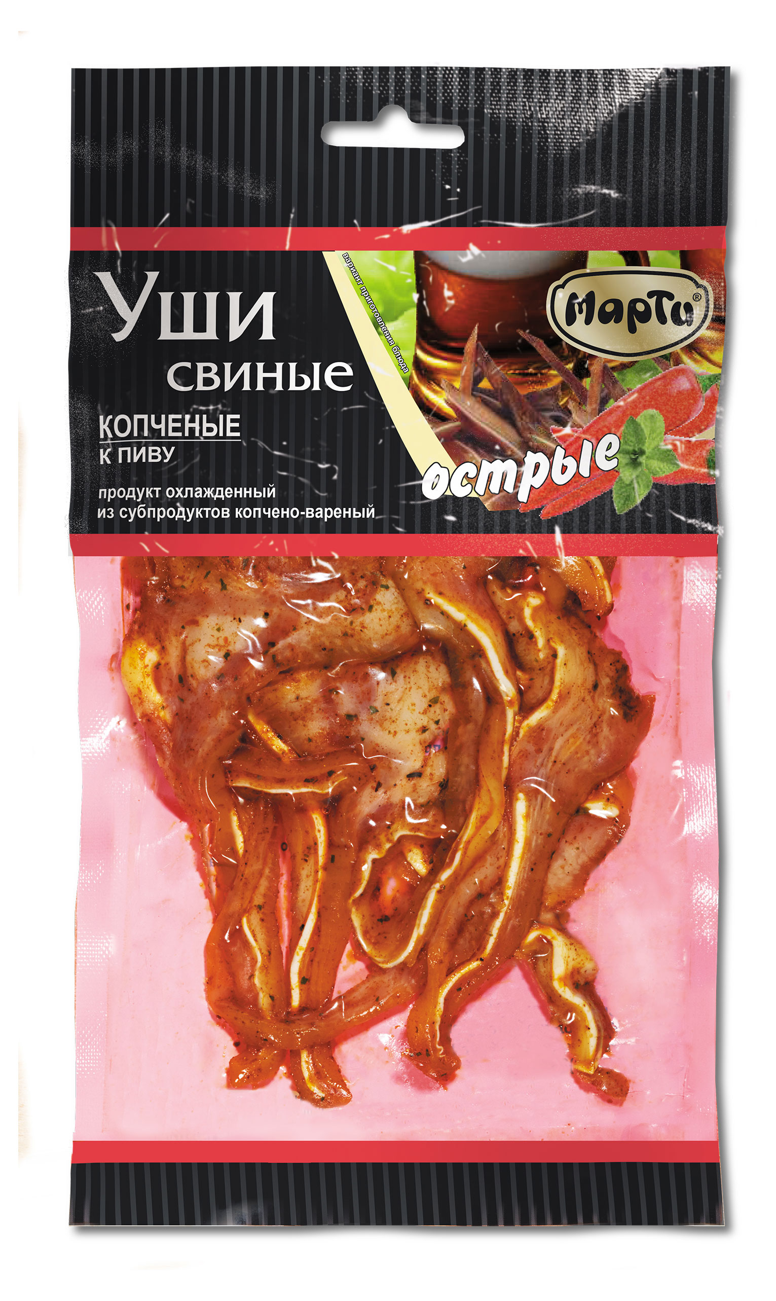 Мясные снеки Уши свиные копченые Марти острые к пиву, 100 г