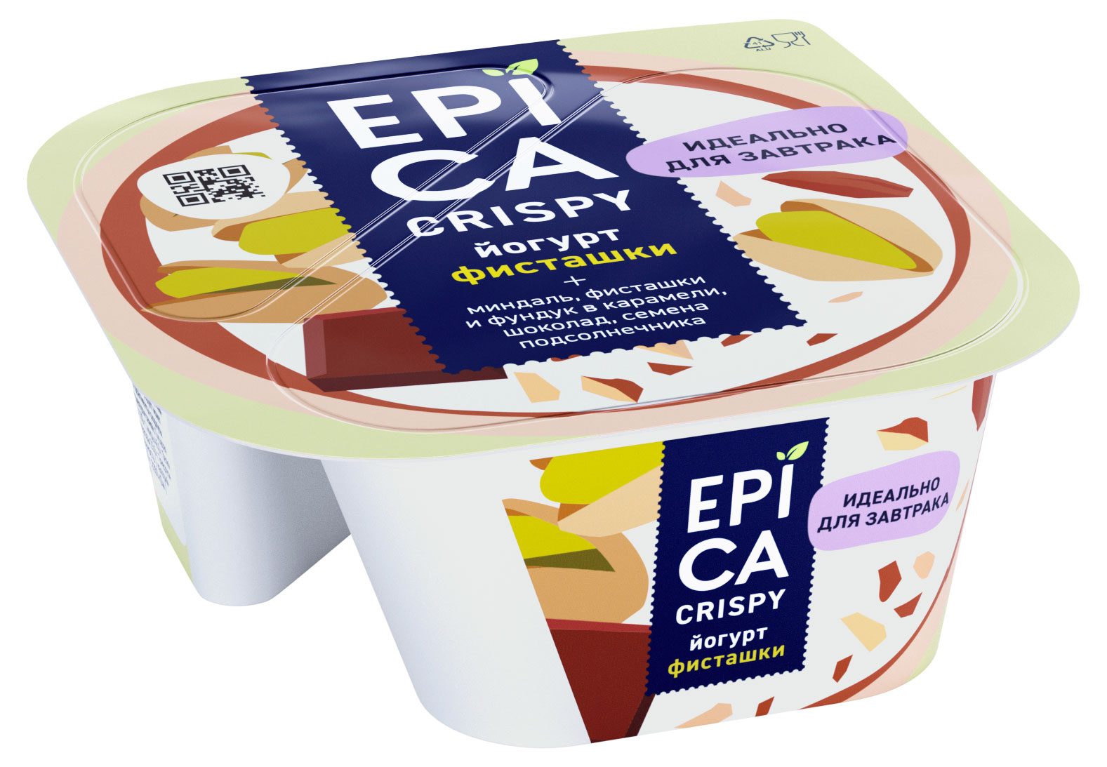 Йогурт густой ложковый EPICA Crispy с фисташками семенами подсолнечника темным шоколадом 10,5%, 140 г