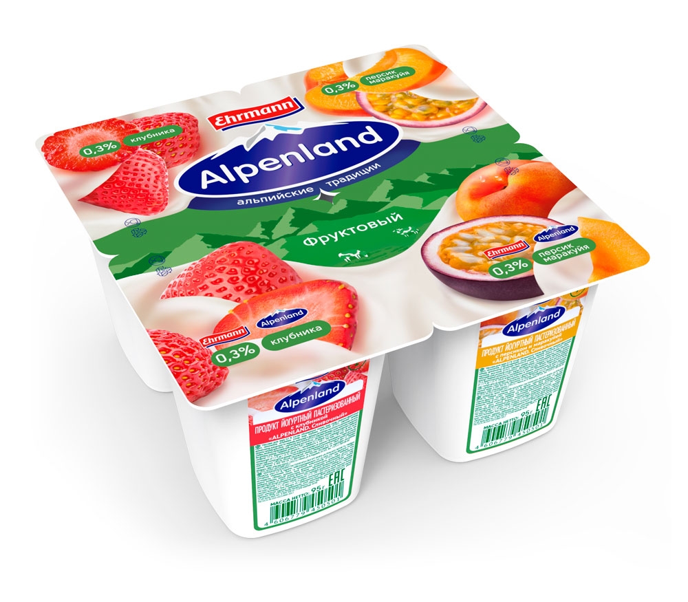 Йогурт густой ложковый Ehrmann Alpenland Фруктовый клубника персик маракуйя 0,3%, 95 г