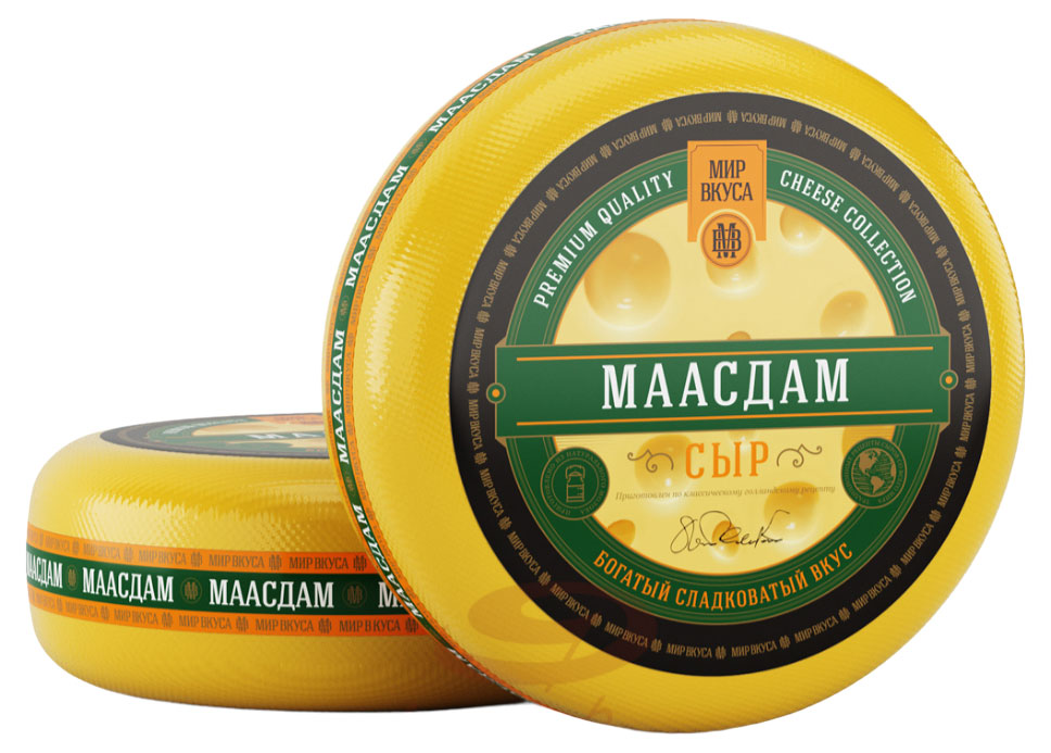 Сыр полутвердый Маасдам Мир вкуса 45% БЗМЖ Беларусь, вес