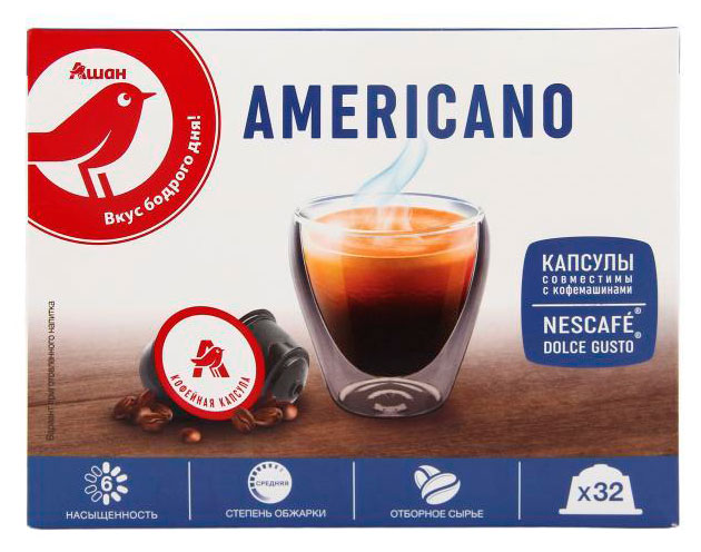 Кофе в капсулах АШАН Красная птица Americano, 32 шт