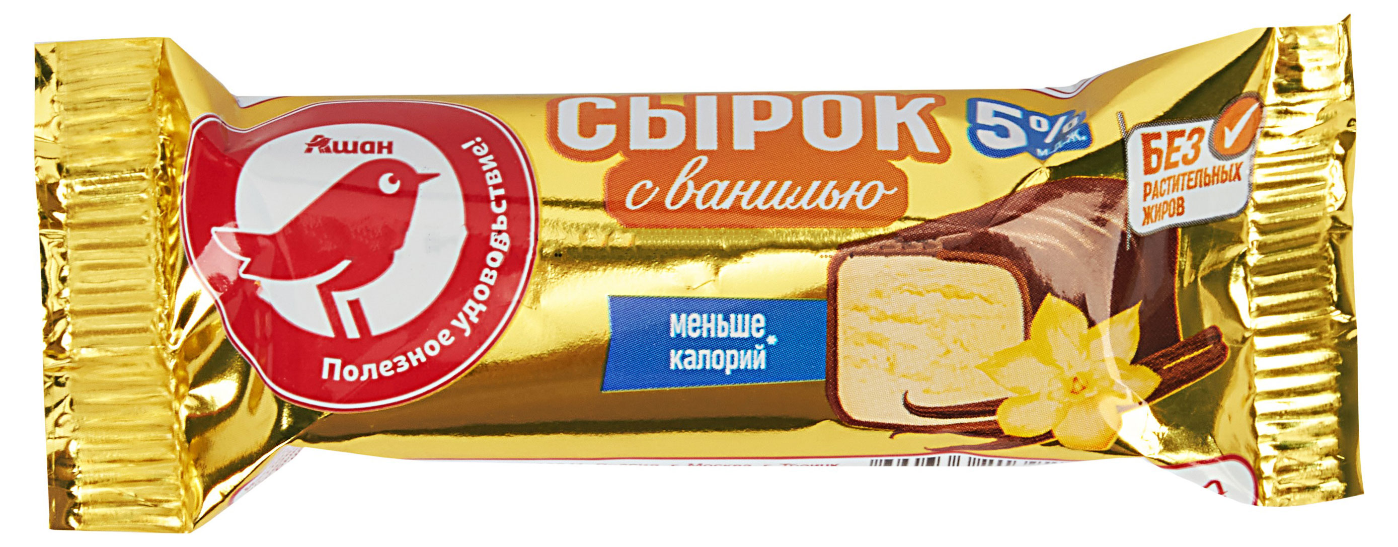 Сырок глазированный творожный АШАН Красная птица с ванилью батончик 5% ГОСТ БЗМЖ, 40 г