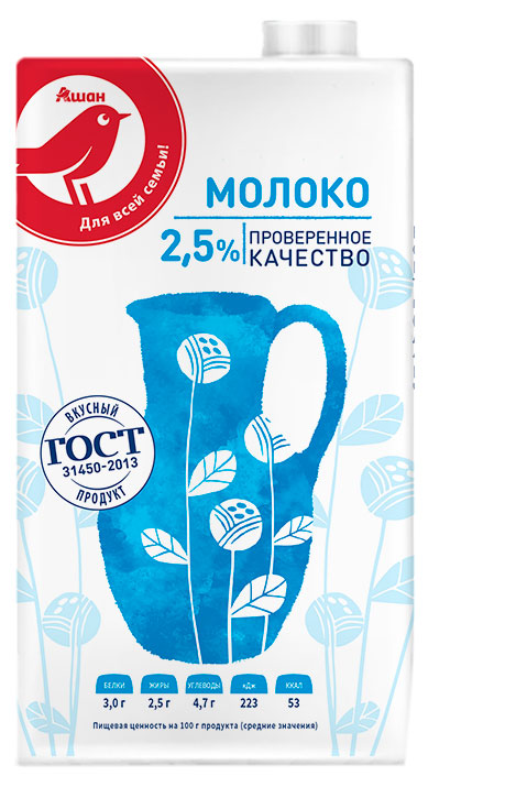 Молоко ультрапастеризованное АШАН Красная птица цельное стерилизованное 2.5% БЗМЖ, 1 л