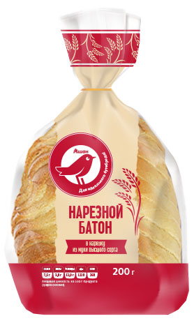 Батон пшеничный нарезной белый АШАН Красная птица высший сорт нарезка, 200 г