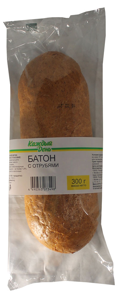 Батон пшеничный белый Каждый день с отрубями, 300 г