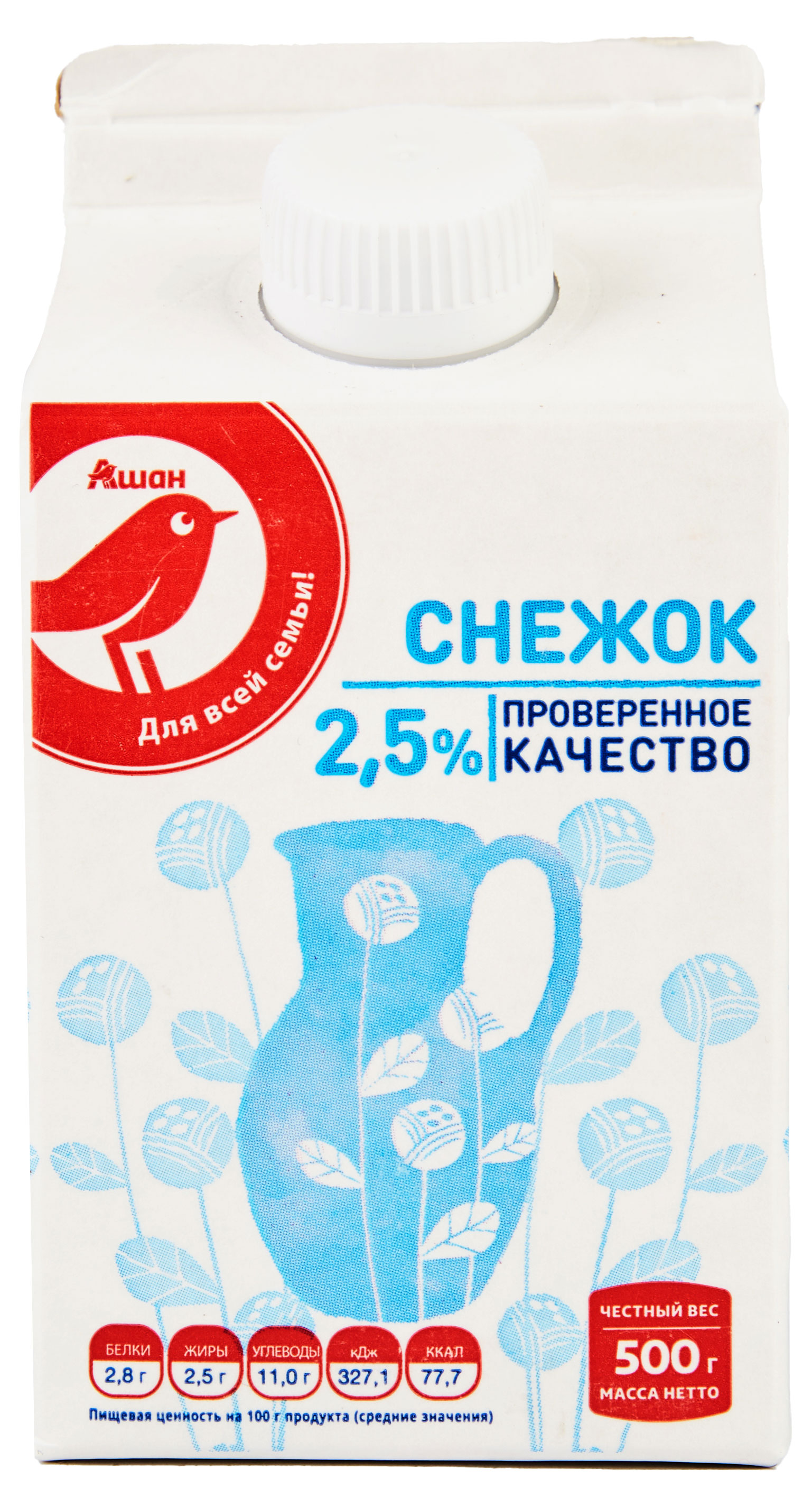 Напиток кисломолочный Снежок АШАН Красная птица охлажденный 2,5% БЗМЖ, 500 г