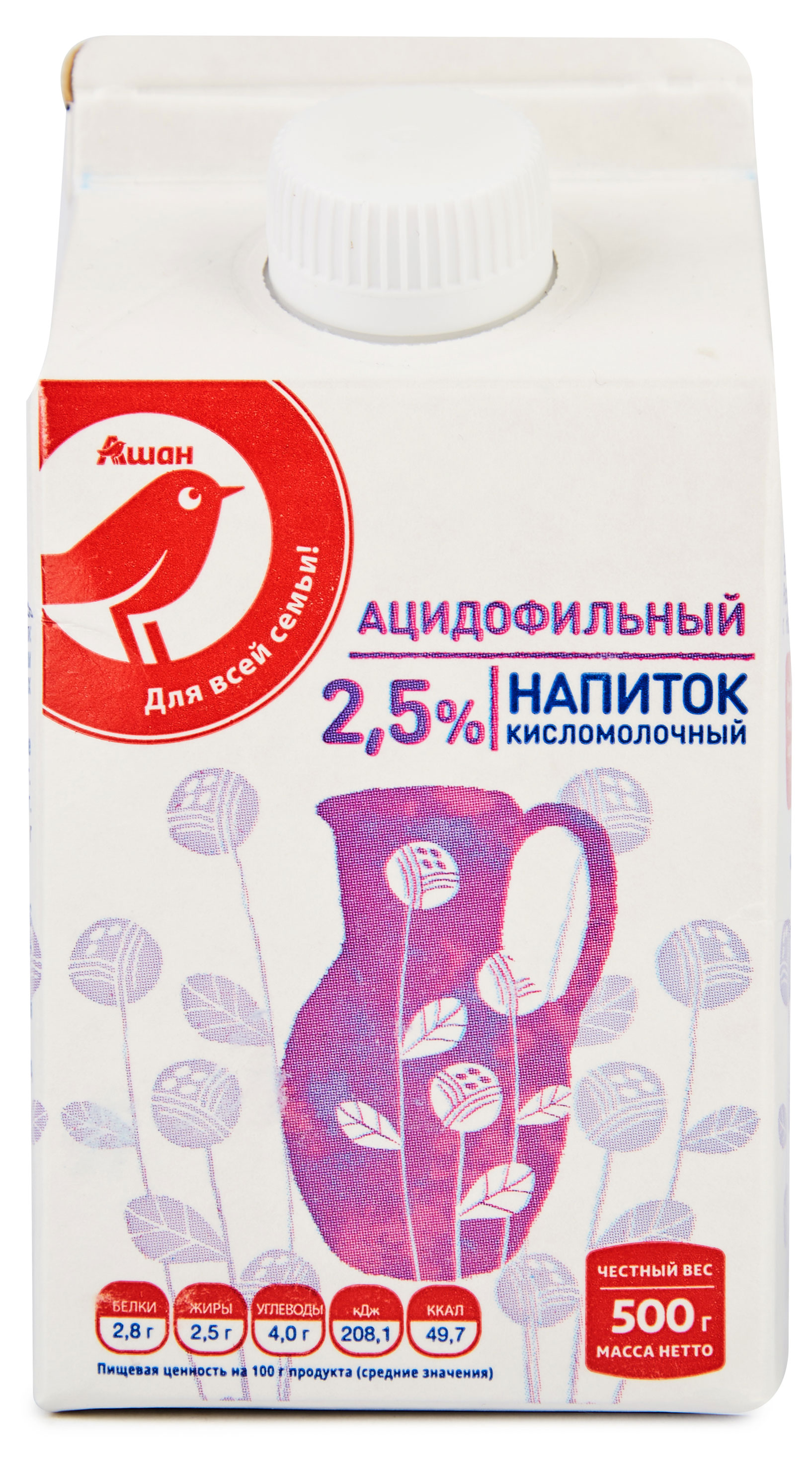 Ацидофильный напиток АШАН Красная птица 2,5% БЗМЖ охлажденный, 500 г