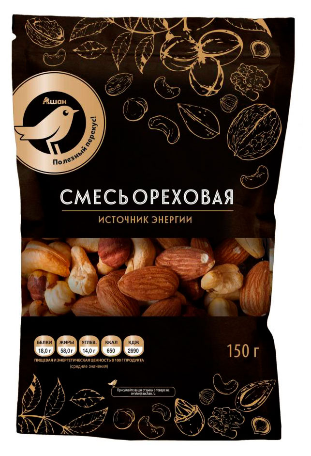 Ореховый микс АШАН Золотая птица без соли, 150 г