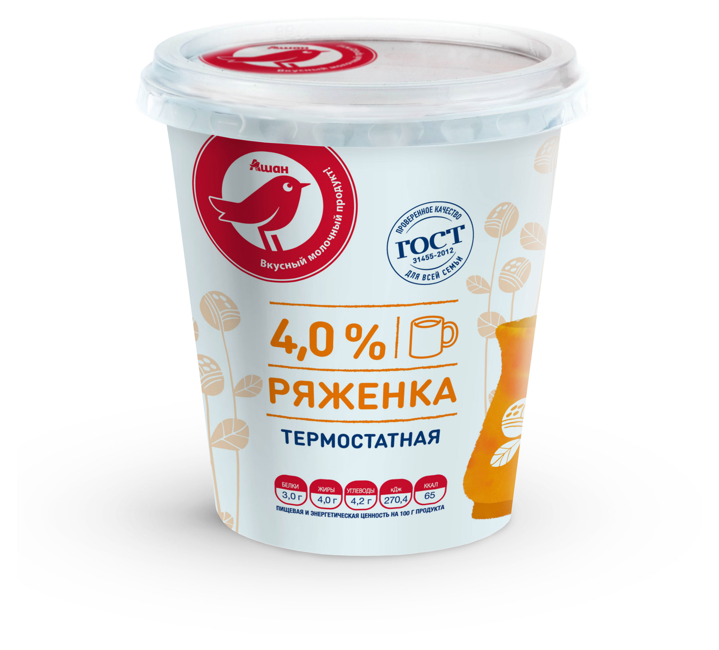 Напиток кисломолочный Ряженка АШАН Красная птица термостатная 4% БЗМЖ, 350 г
