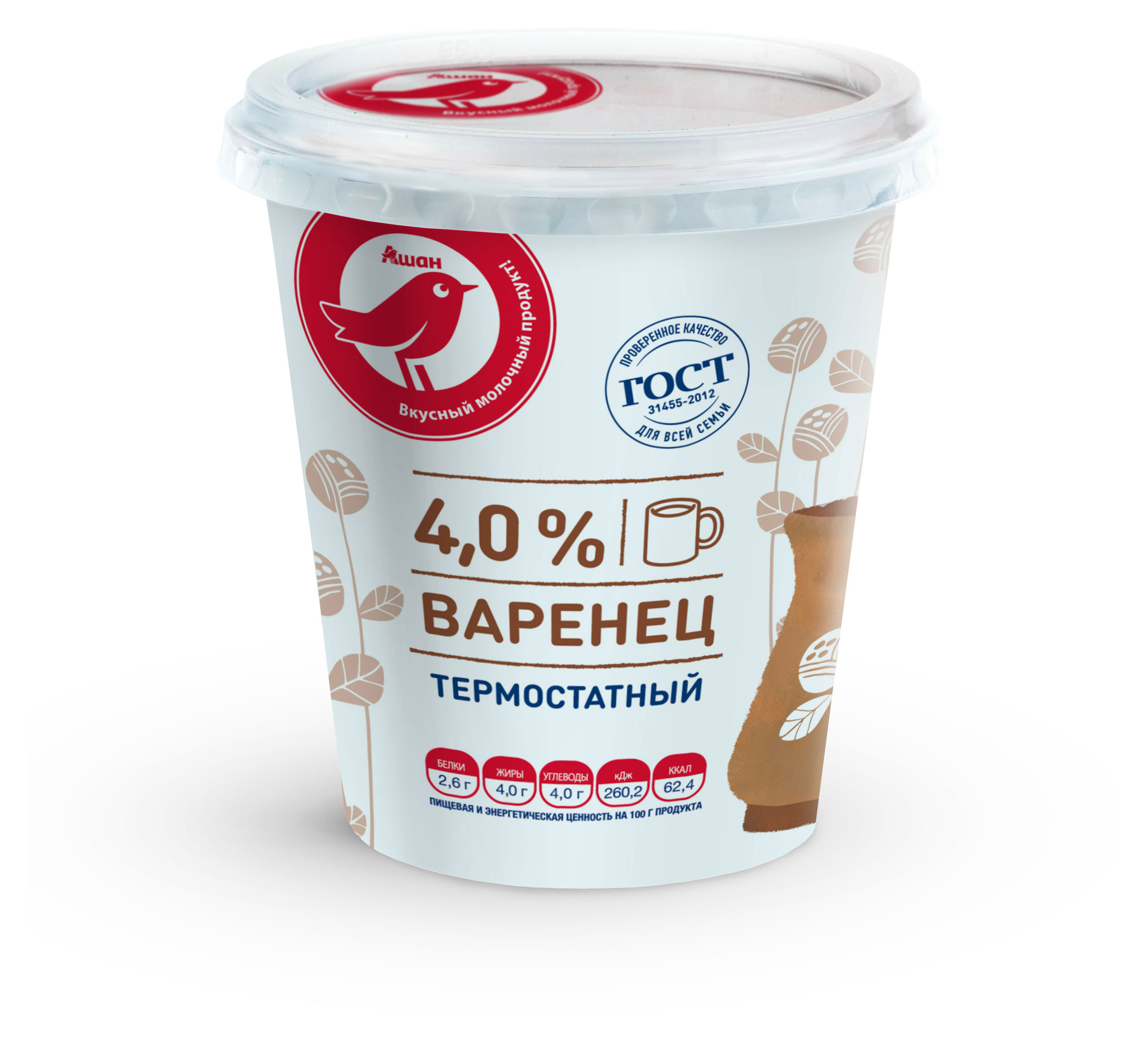 Варенец АШАН Красная птица термостатный 4% БЗМЖ, 350 г