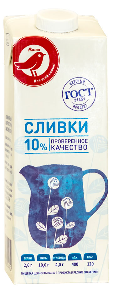 Сливки ультрапастеризованные стерилизованные питьевые АШАН Красная птица нормализованные 10% ГОСТ БЗМЖ, 1000 г