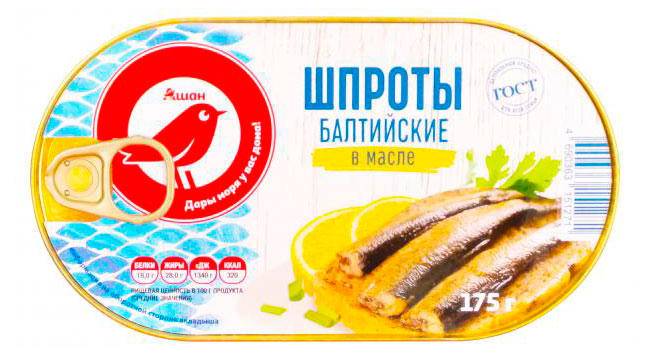 Шпроты АШАН Красная птица Балтийские в масле, 175 г