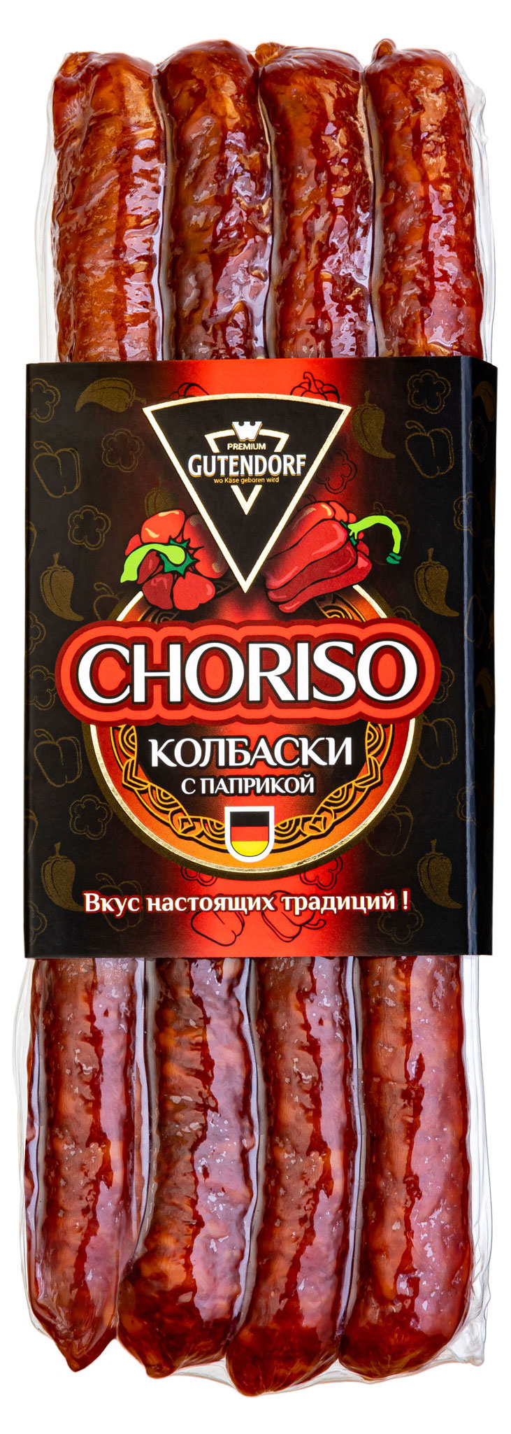 Мясные снеки Колбаски сырокопченые Gutendorf Premium Choriso Чоризо немецкая с паприкой полусухие, 140 г