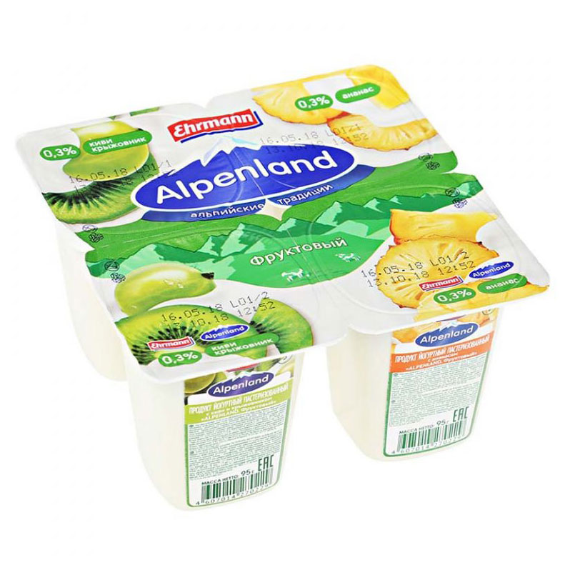 Йогурт густой ложковый Ehrmann Alpenland с киви крыжовником и ананасом 0,3%, 95 г