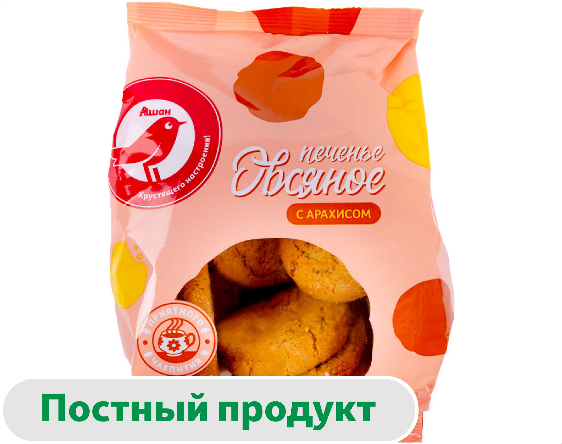 Печенье АШАН Красная птица овсяное с арахисом, 400 г