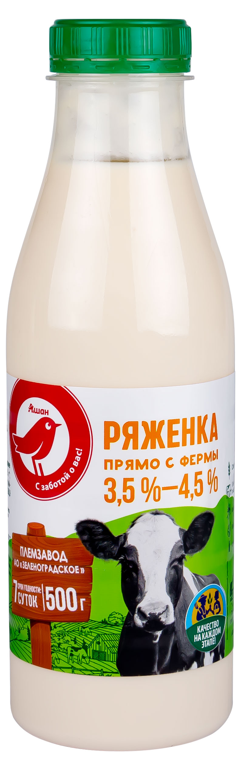 Напиток кисломолочный Ряженка АШАН Красная птица из цельного молока 3,5% - 4,5% БЗМЖ, 500 мл