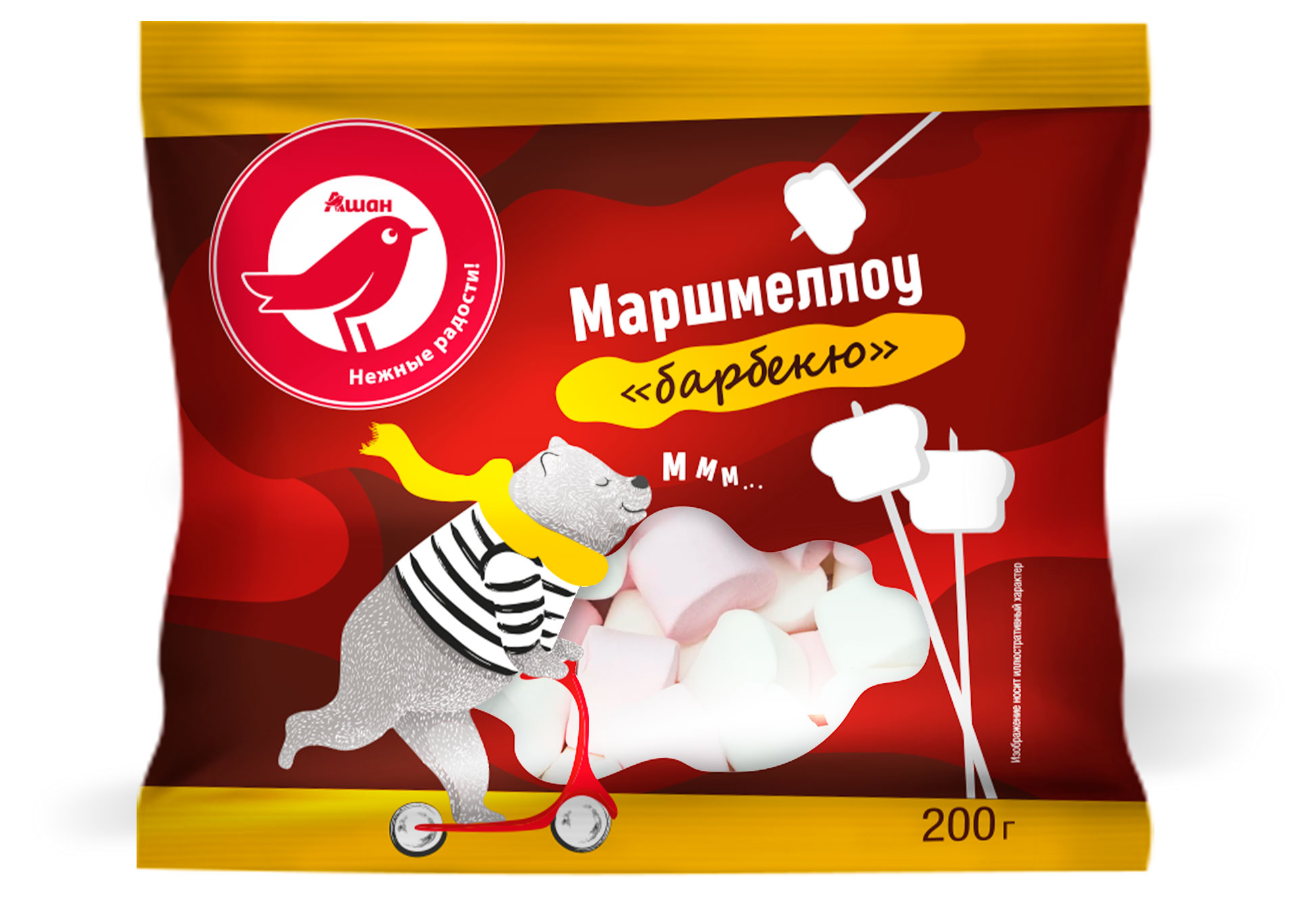 Маршмеллоу АШАН Красная птица в форме барбекю с ароматом ванили, 200 г
