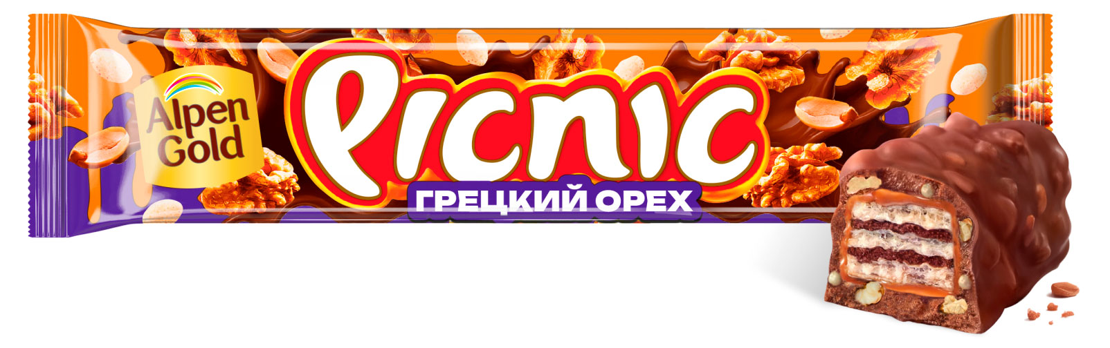 Шоколадный батончик Picnic c грецким орехом изюмом мягкой карамелью, 52 г