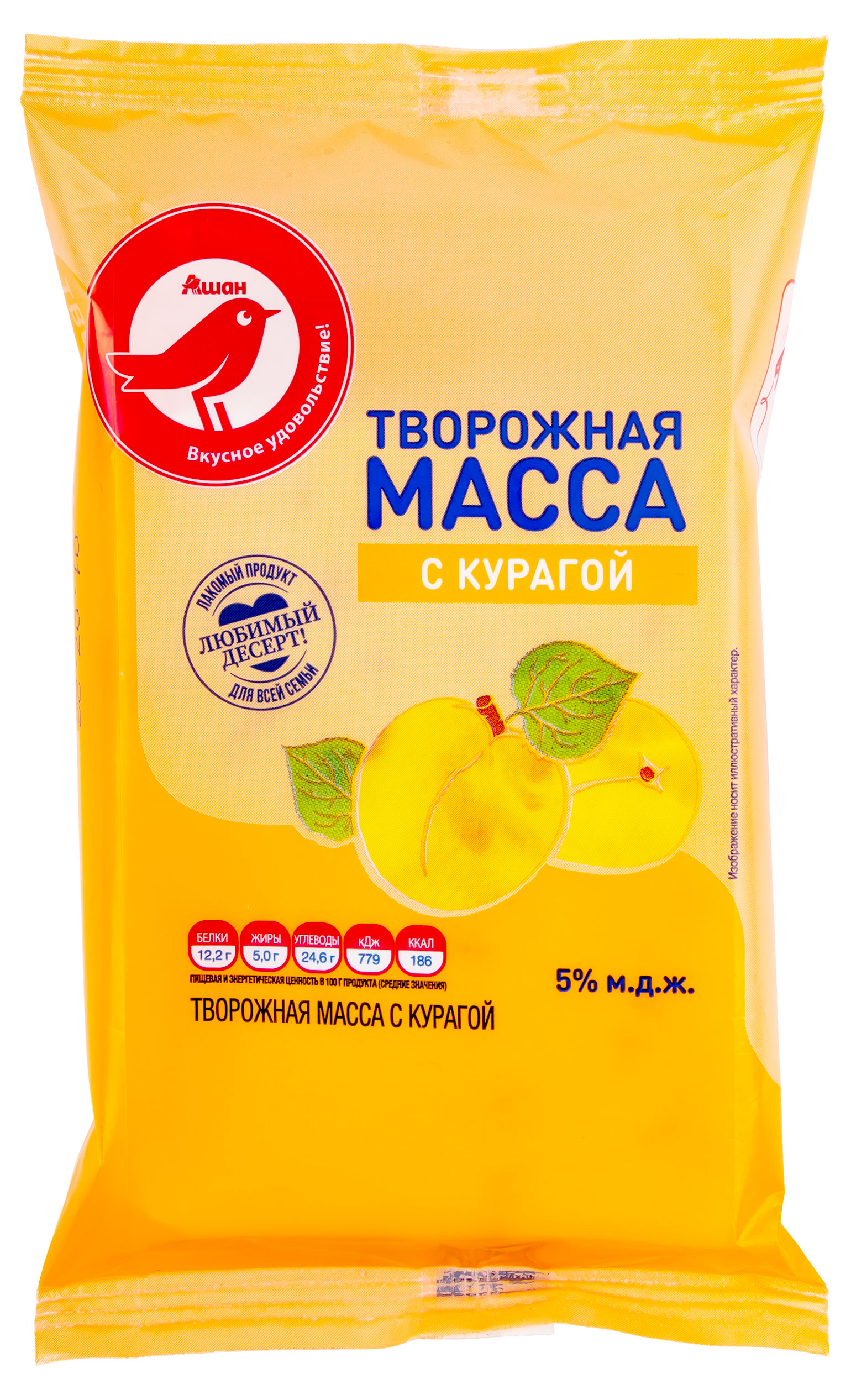 Масса творожная АШАН Красная птица с курагой брикет 5% БЗМЖ, 180 г