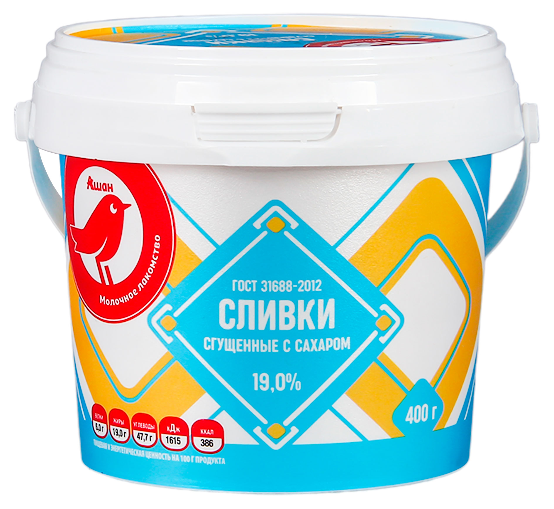 Сливки сгущенные АШАН Красная птица отборные с сахаром ведерко 19% ГОСТ БЗМЖ, 400 г