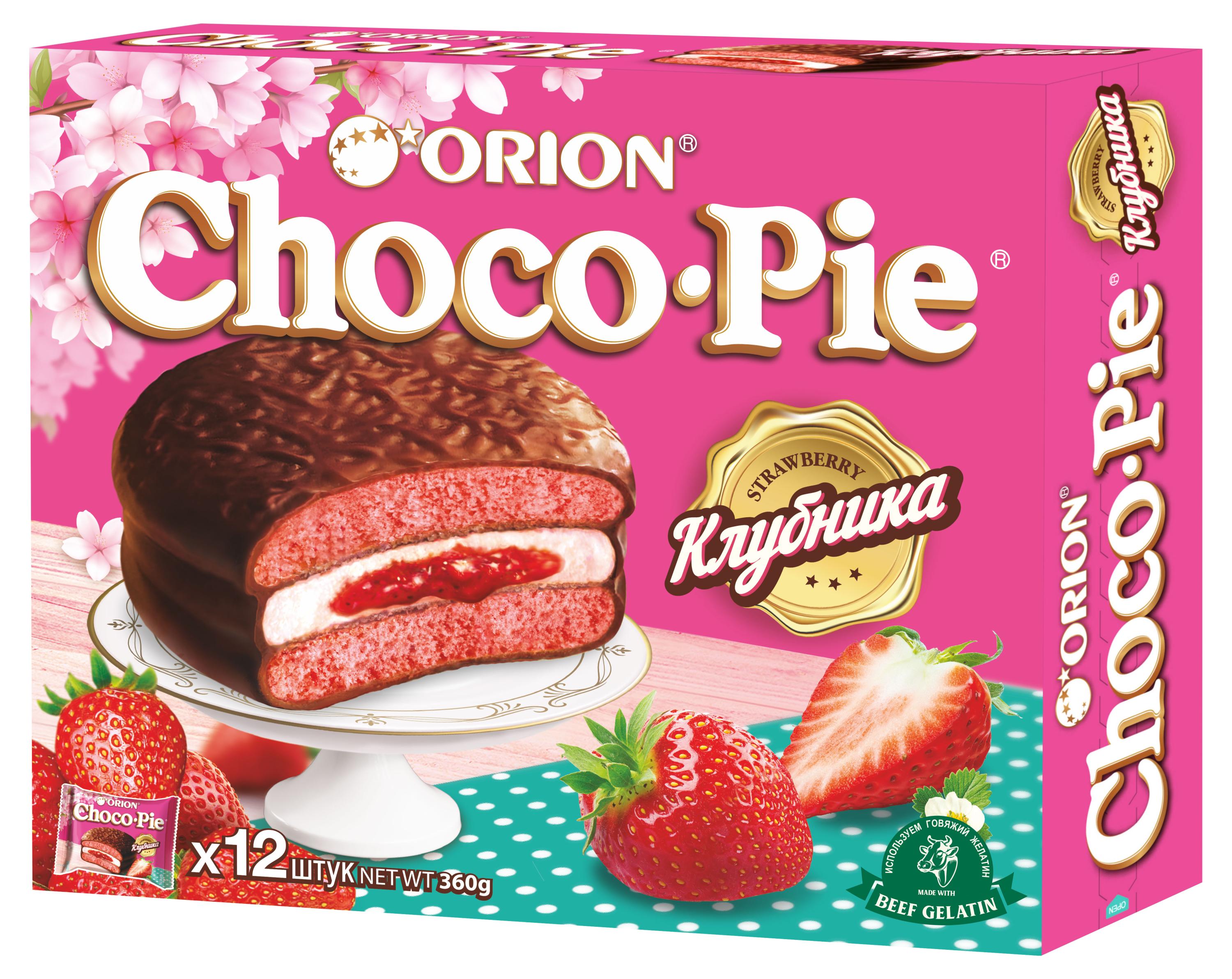 Пирожное бисквитное Orion Choco-Pie Strawberry с клубникой в глазури, 360 г