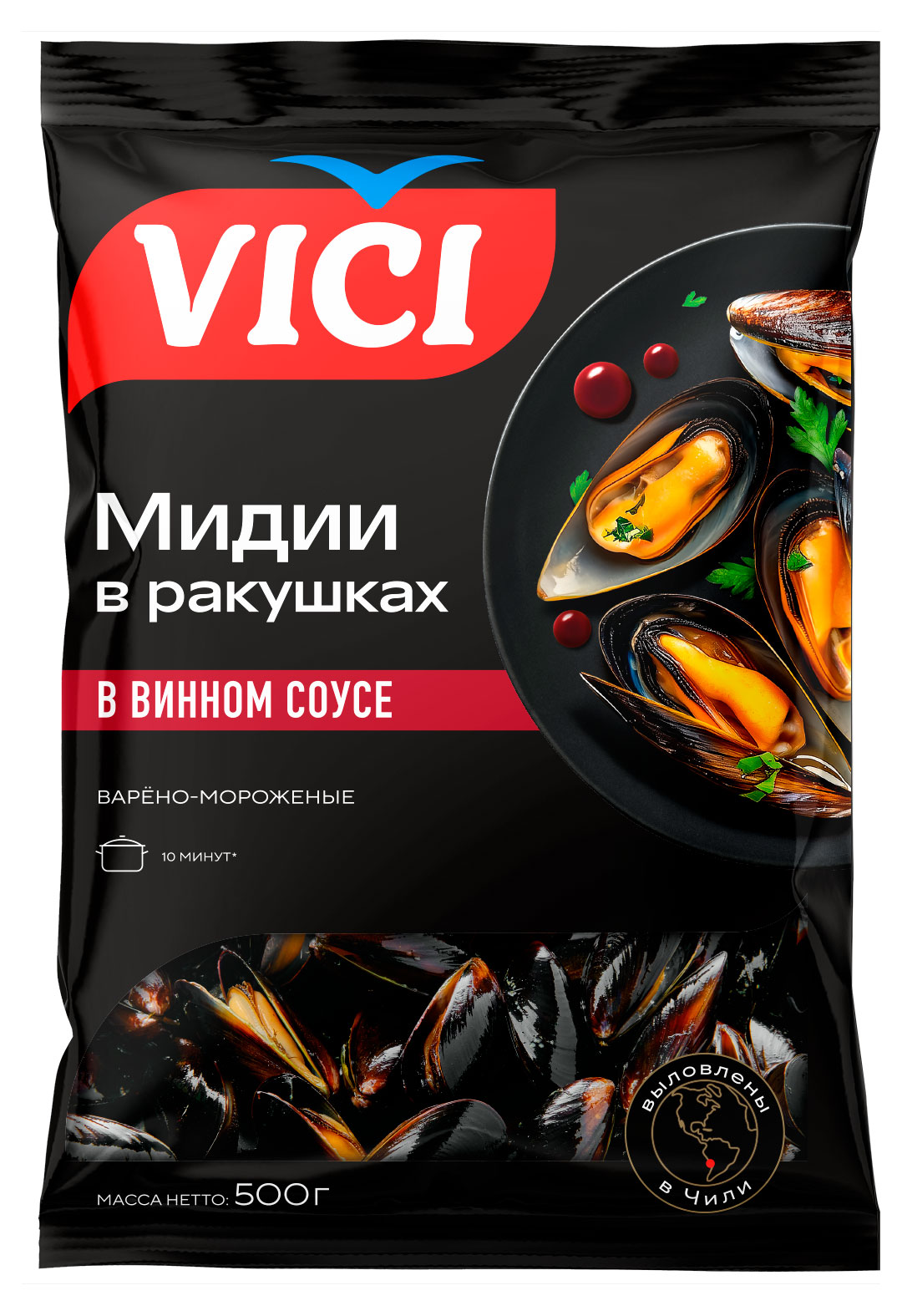 Мидии VICI Приорити в ракушках в винном соусе, 500 г