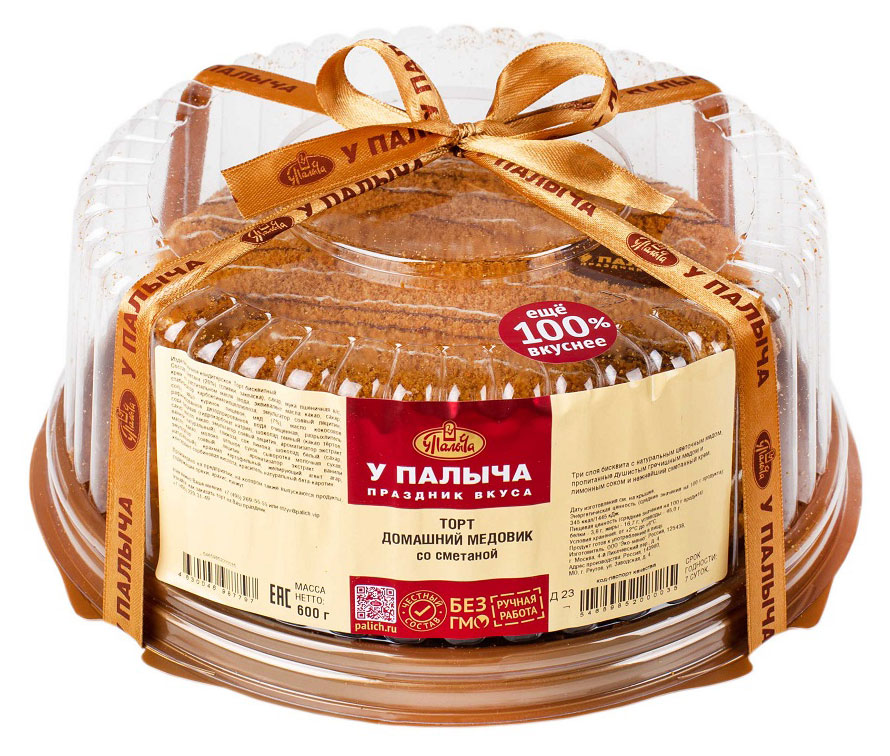 Торт медово-бисквитный У Палыча Домашний медовик со сметанным кремом и лимонным соком охлажденный, 600 г