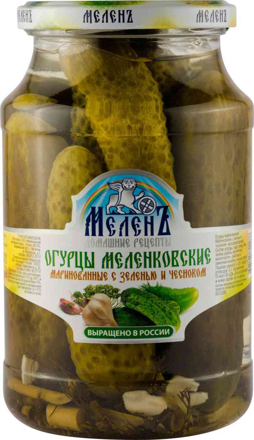 Огурцы маринованные МеленЪ Меленковские с зеленью и чесноком