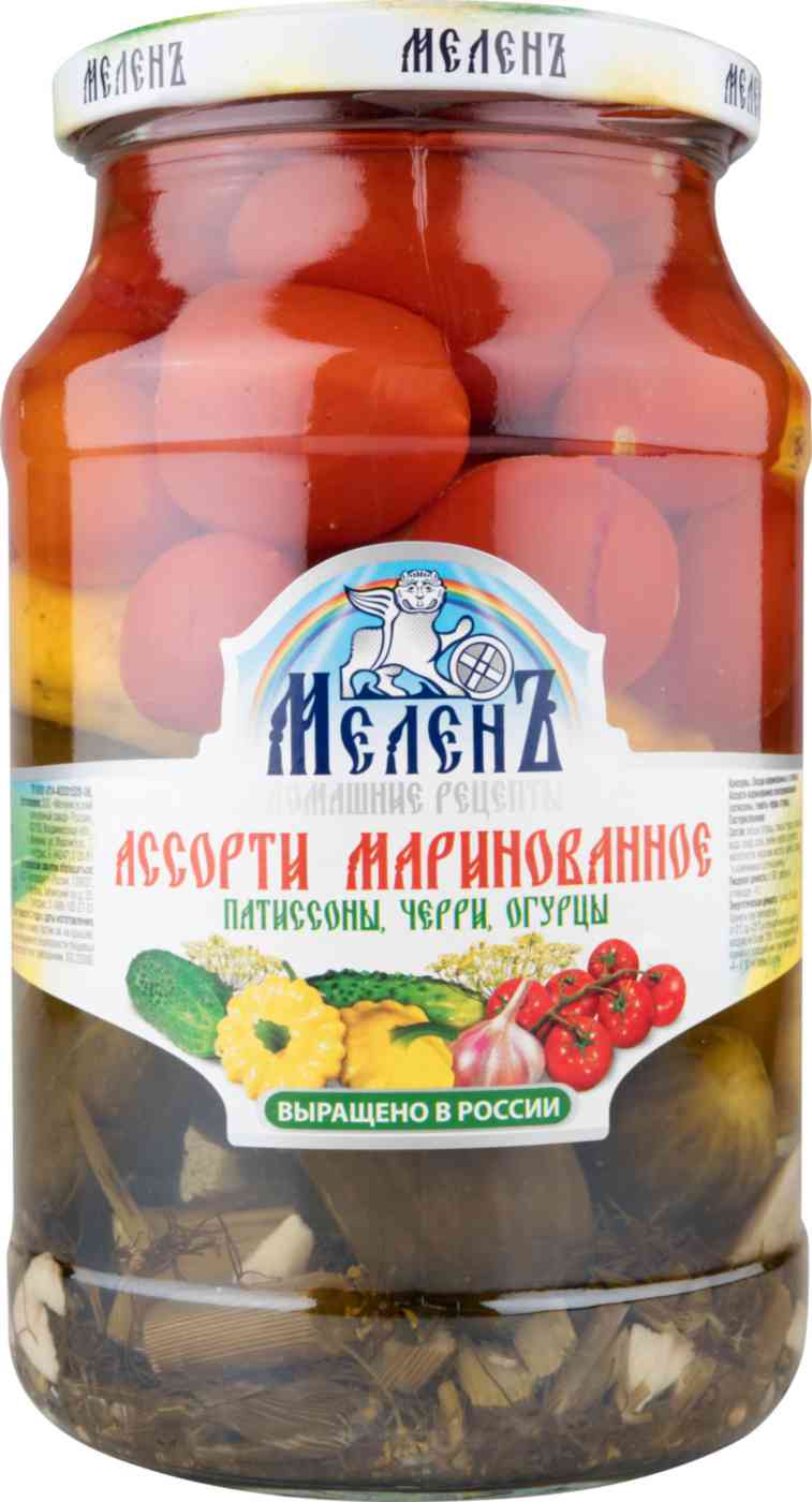 Ассорти маринованное МеленЪ патиссоны, черри, огурцы